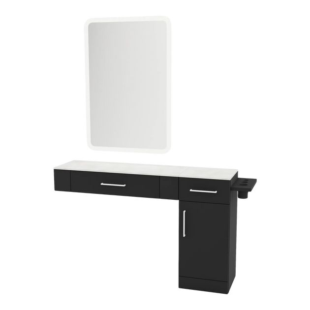 Nova Combo Wall Mount Styling Station with Side-Mount Appliance Holder, Solid Surface Countertop, and White Rectangle Illuminate Back Lit Mirror - Kaemark