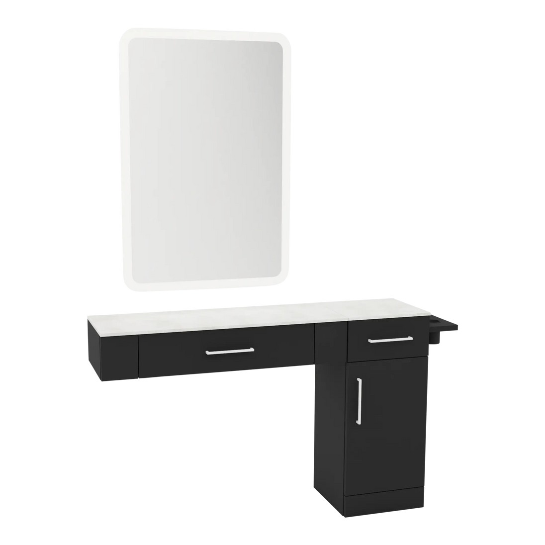 Nova Combo Wall Mount Styling Station with Side-Mount Appliance Holder, Solid Surface Countertop, and White Rectangle Illuminate Back Lit Mirror - Kaemark