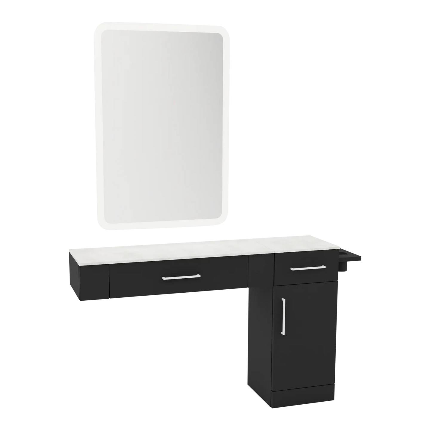 Nova Combo Wall Mount Styling Station with Side-Mount Appliance Holder, Solid Surface Countertop, and White Rectangle Illuminate Back Lit Mirror - Kaemark