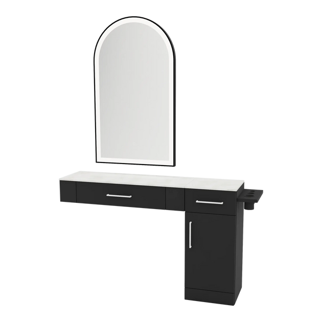 Nova Combo Wall Mount Styling Station with Side-Mount Appliance Holder, Solid Surface Countertop, and Black Arch Paloma Mirror - Kaemark
