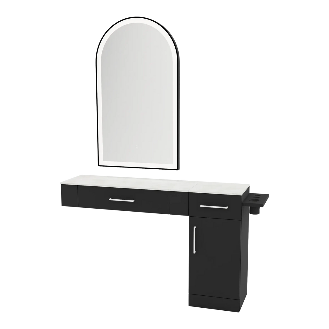 Nova Combo Wall Mount Styling Station with Side-Mount Appliance Holder, Solid Surface Countertop, and Black Arch Paloma Mirror - Kaemark