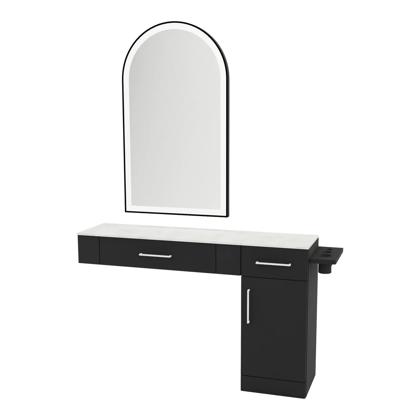 Nova Combo Wall Mount Styling Station with Side-Mount Appliance Holder, Solid Surface Countertop, and Black Arch Paloma Mirror - Kaemark