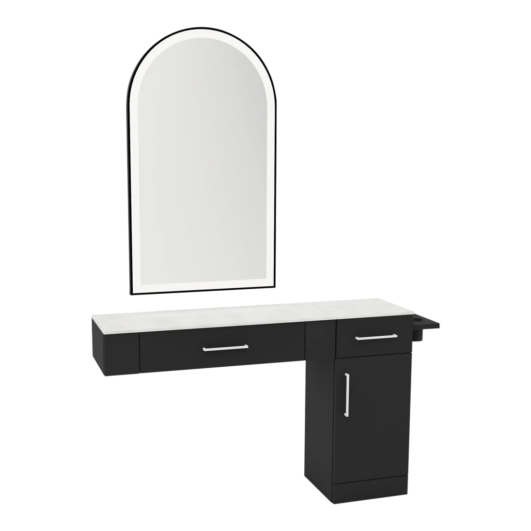 Nova Combo Wall Mount Styling Station with Side-Mount Appliance Holder, Solid Surface Countertop, and Black Arch Paloma Mirror - Kaemark