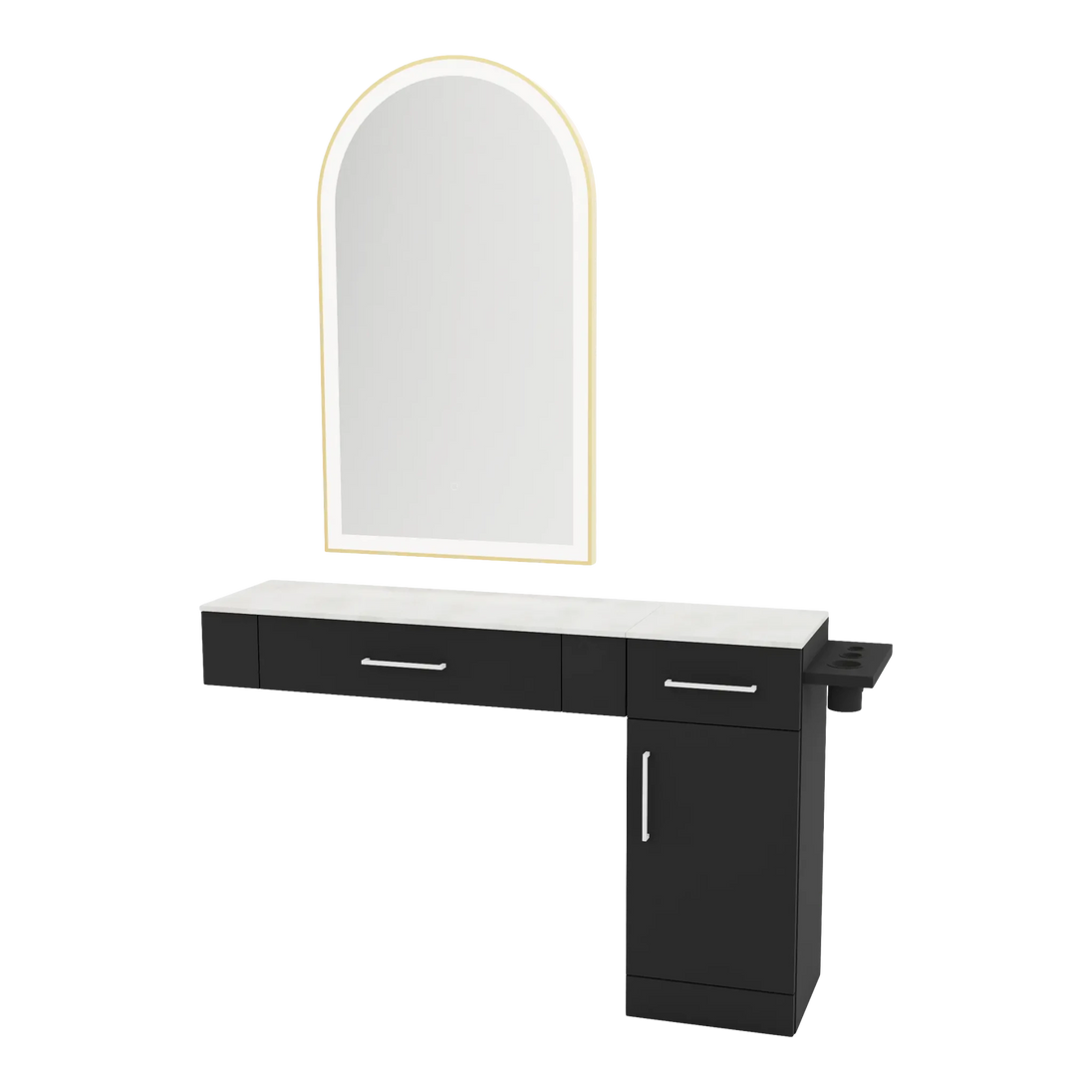 Nova Combo Wall Mount Styling Station with Side-Mount Appliance Holder, Solid Surface Countertop, and Gold Arch Paloma Mirror - Kaemark