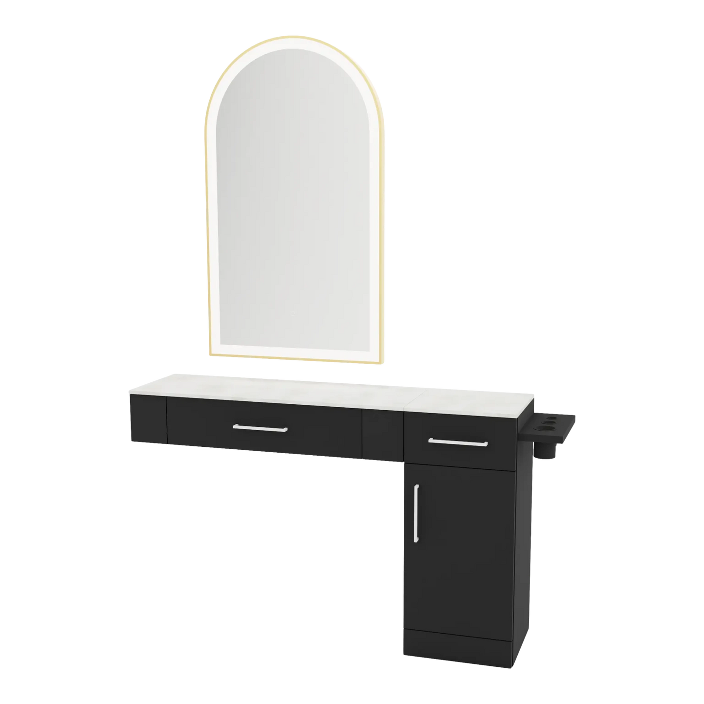 Nova Combo Wall Mount Styling Station with Side-Mount Appliance Holder, Solid Surface Countertop, and Gold Arch Paloma Mirror - Kaemark