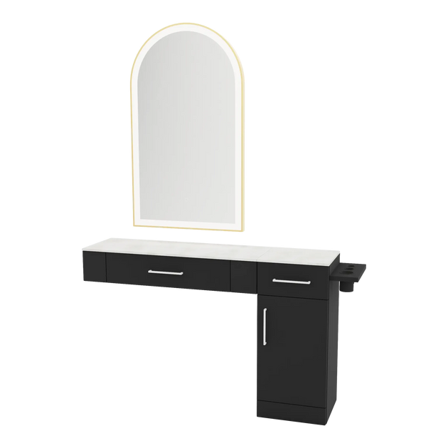 Nova Combo Wall Mount Styling Station with Side-Mount Appliance Holder, Solid Surface Countertop, and Gold Arch Paloma Mirror - Kaemark