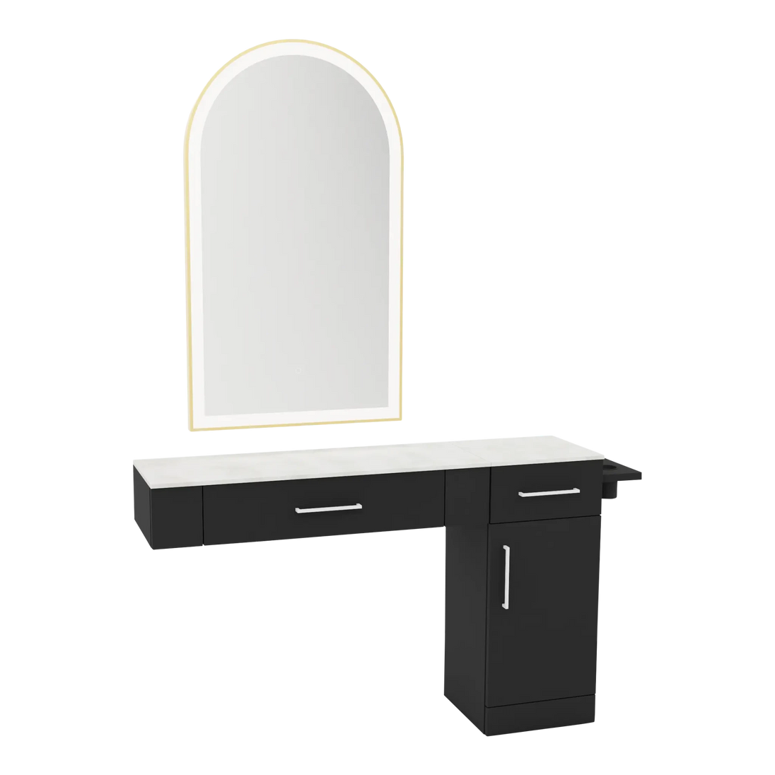 Nova Combo Wall Mount Styling Station with Side-Mount Appliance Holder, Solid Surface Countertop, and Gold Arch Paloma Mirror - Kaemark