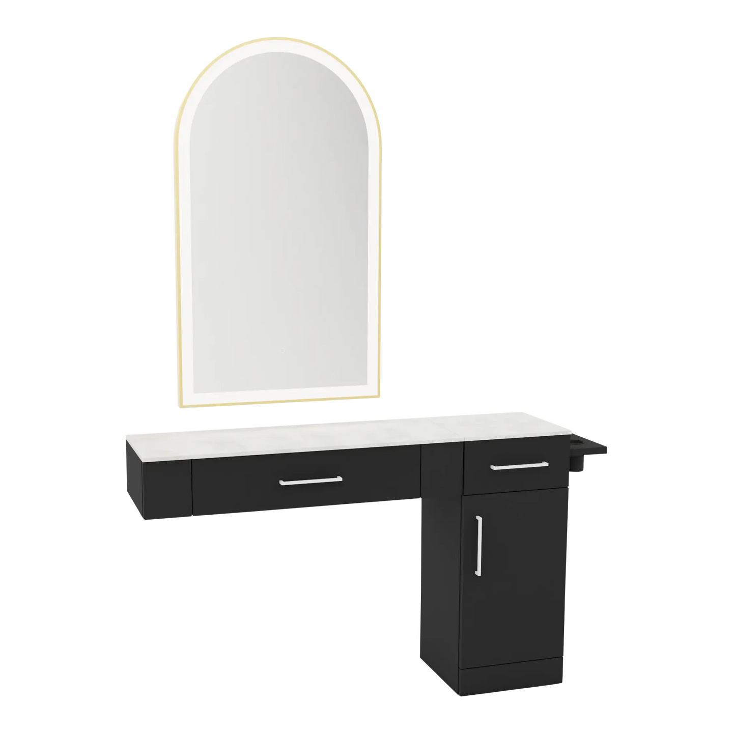 Nova Combo Wall Mount Styling Station with Side-Mount Appliance Holder, Solid Surface Countertop, and Gold Arch Paloma Mirror - Kaemark