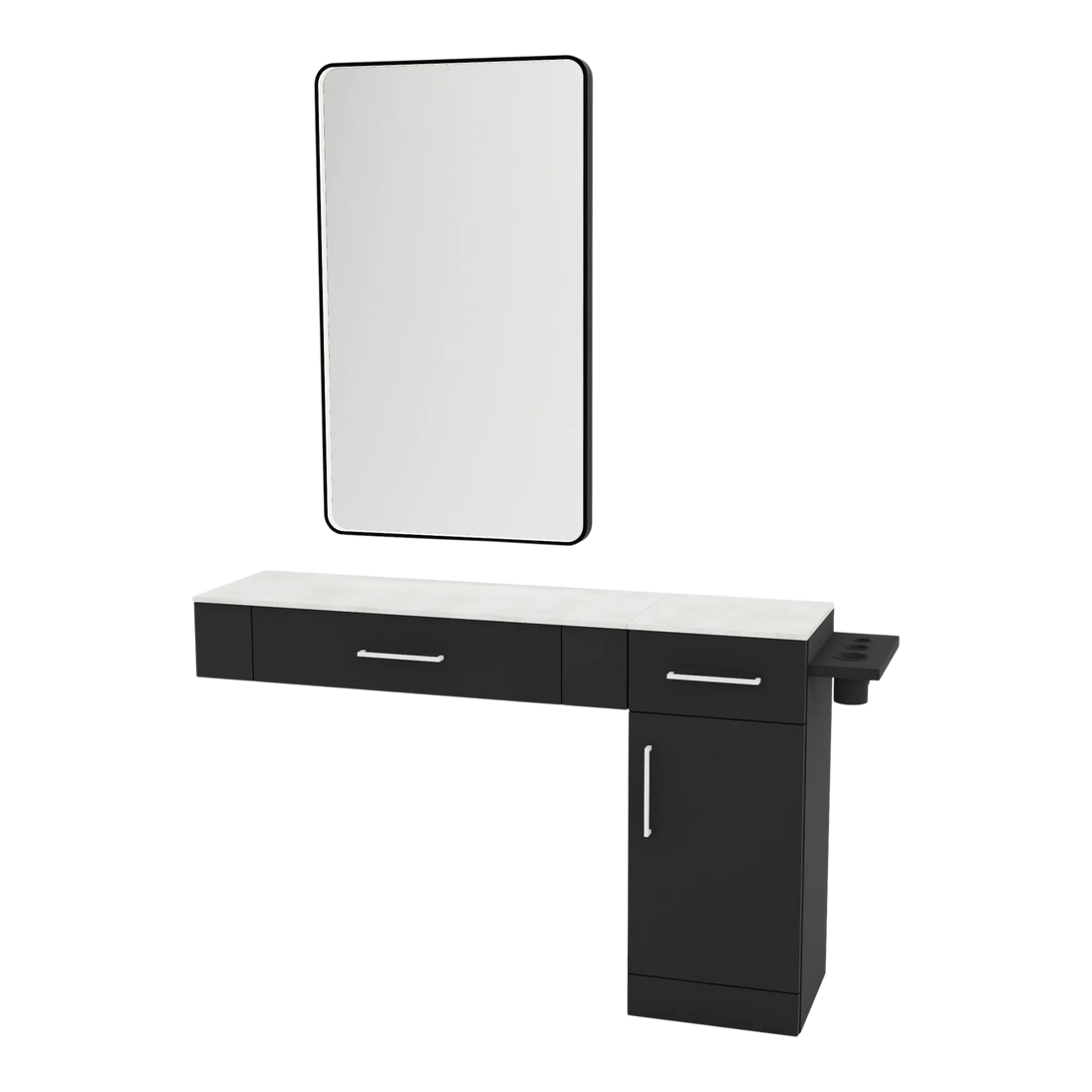 Nova Combo Wall Mount Styling Station with Side-Mount Appliance Holder, Solid Surface Countertop, and Black Rectangle Westin Mirror - Kaemark