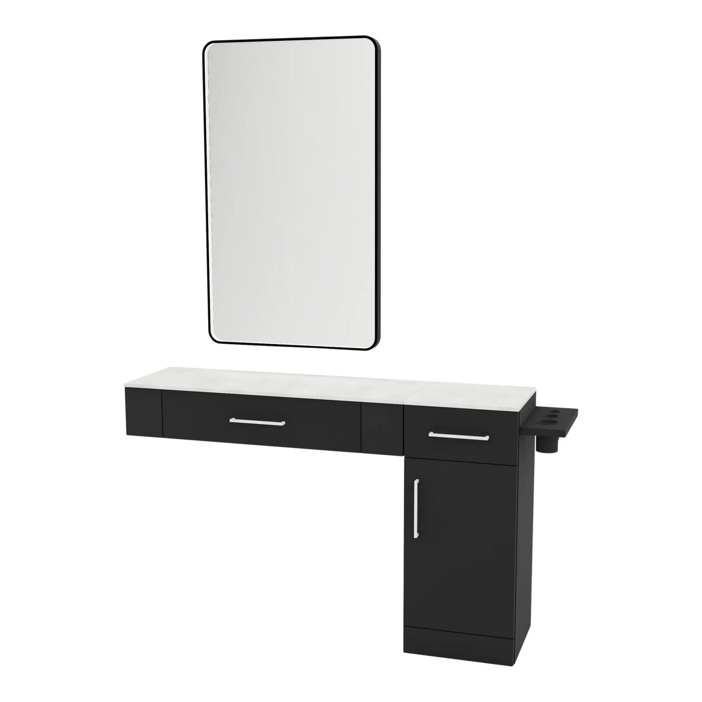 Nova Combo Wall Mount Styling Station with Side-Mount Appliance Holder, Solid Surface Countertop, and Black Rectangle Westin Mirror - Kaemark