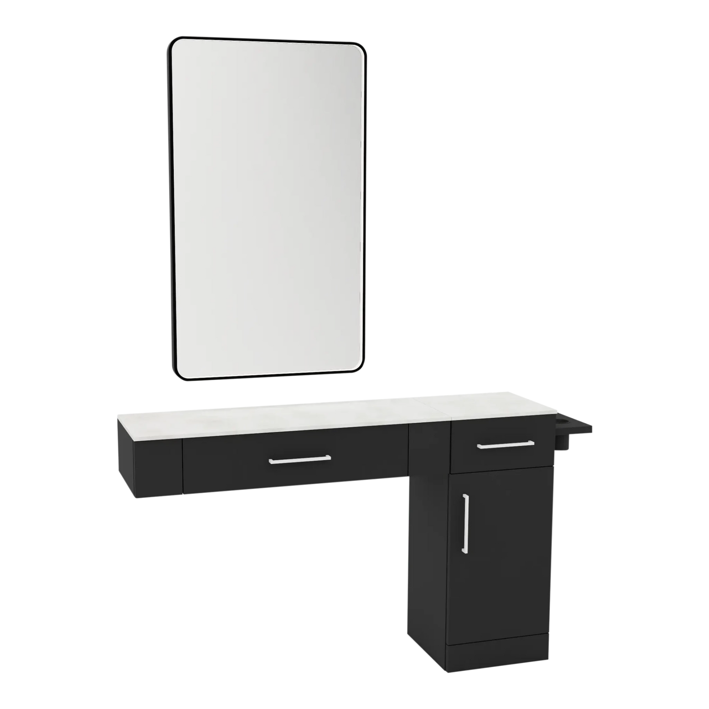 Nova Combo Wall Mount Styling Station with Side-Mount Appliance Holder, Solid Surface Countertop, and Black Rectangle Westin Mirror - Kaemark