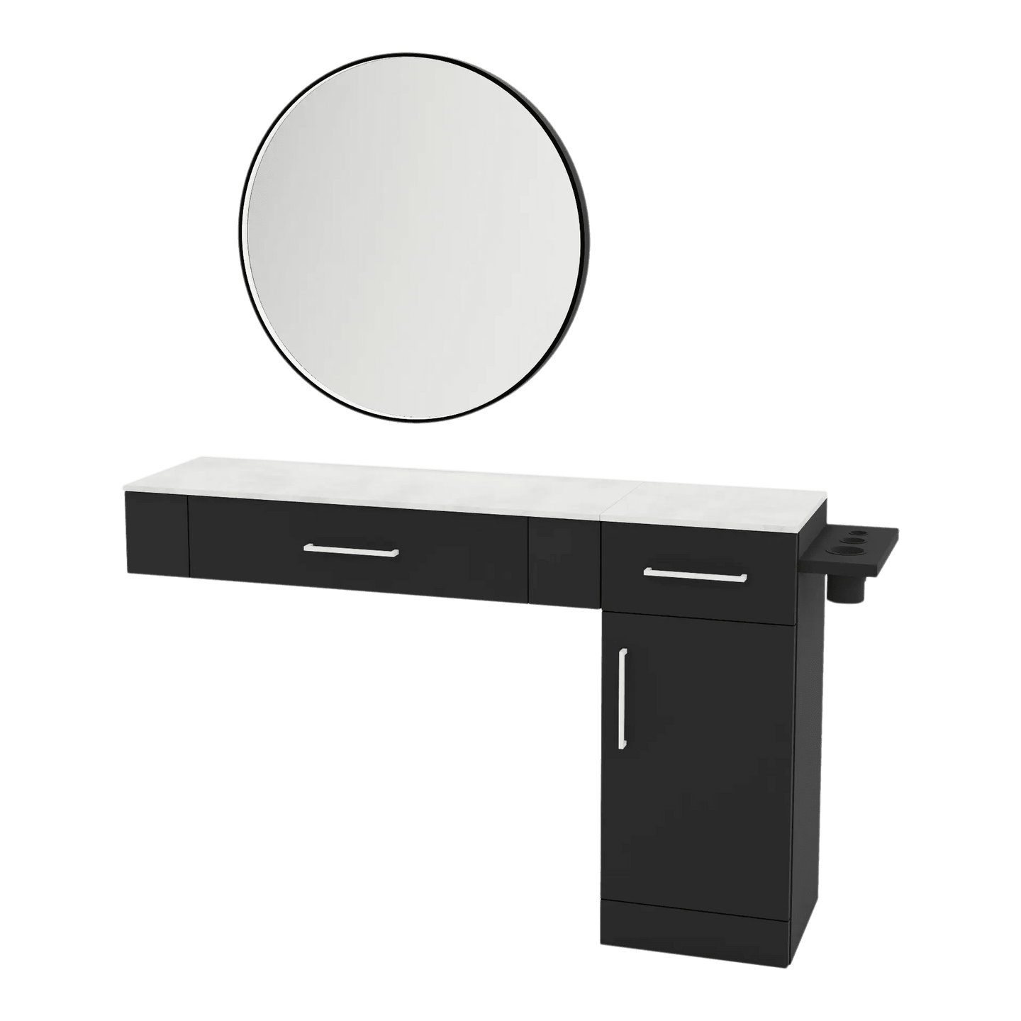 Nova Combo Wall Mount Styling Station with Side-Mount Appliance Holder, Solid Surface Countertop, and Black Round Westin Mirror - Kaemark