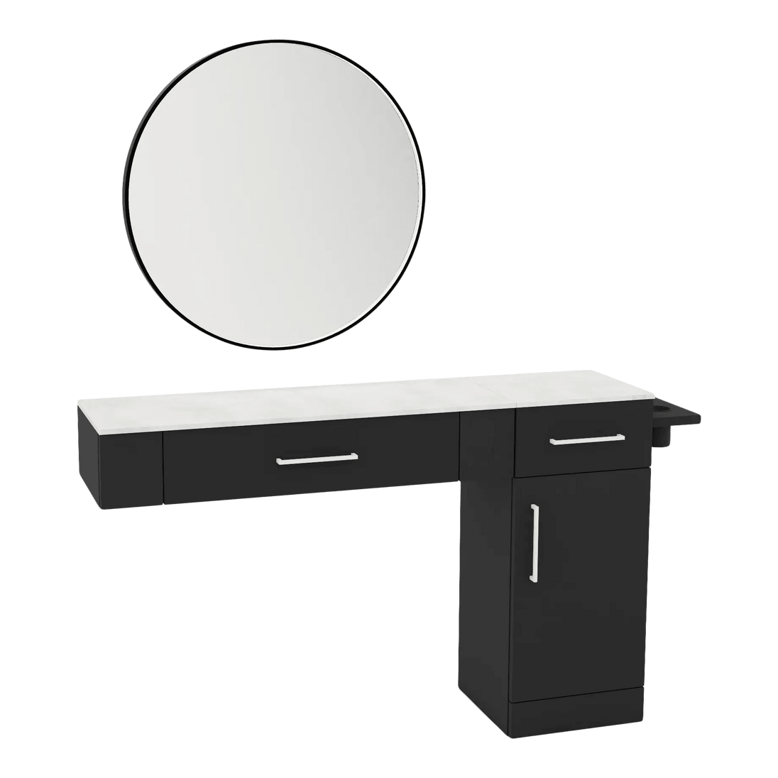 Nova Combo Wall Mount Styling Station with Side-Mount Appliance Holder, Solid Surface Countertop, and Black Round Westin Mirror - Kaemark