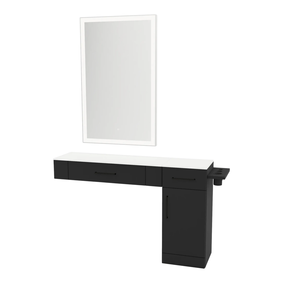 Nova Combo Wall Mount Styling Station with Side-Mount Appliance Holder, Solid Surface Countertop, and Silver Rectangle Glo Mirror - Kaemark