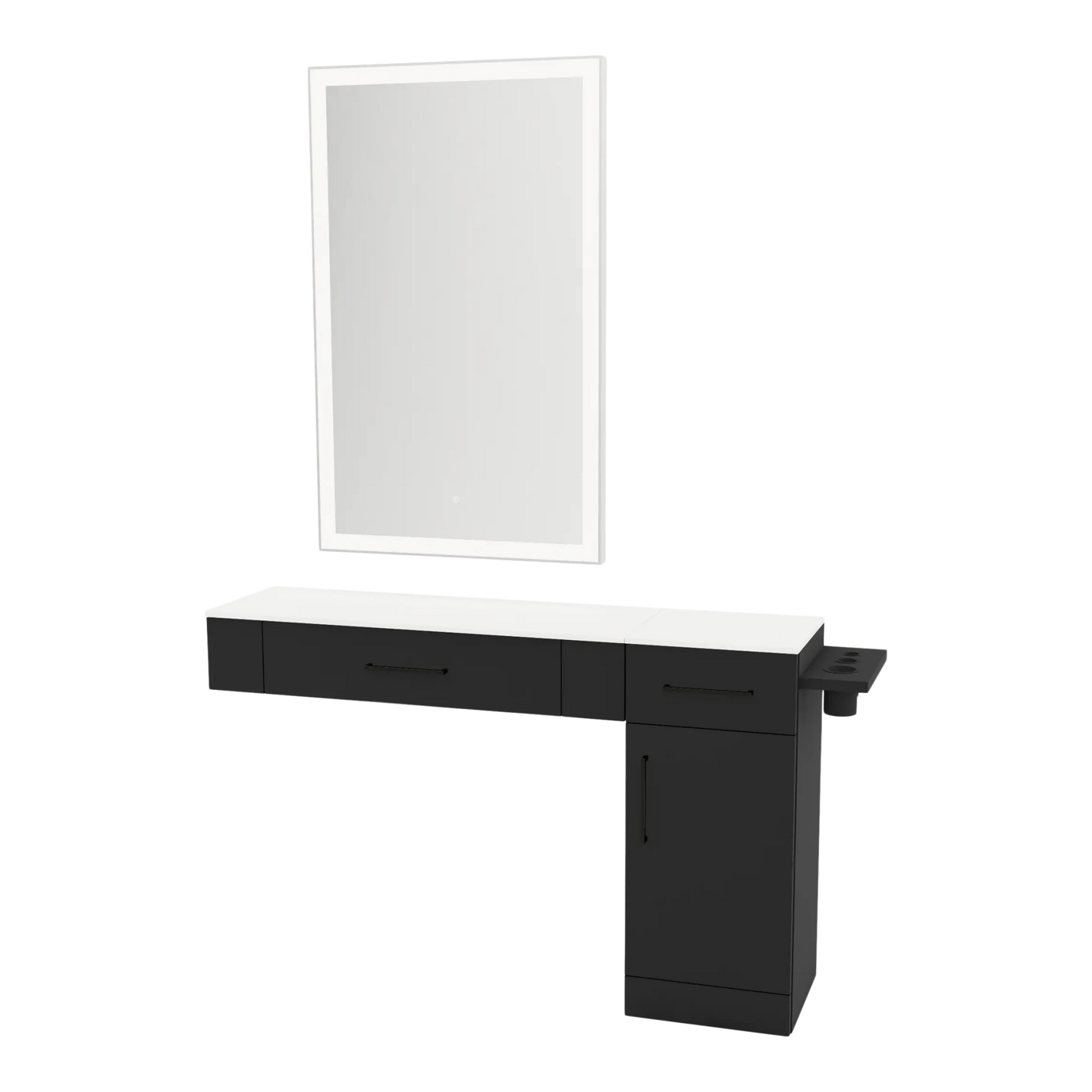 Nova Combo Wall Mount Styling Station with Side-Mount Appliance Holder, Solid Surface Countertop, and Silver Rectangle Glo Mirror - Kaemark