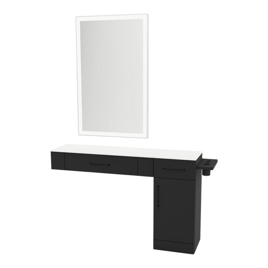 Nova Combo Wall Mount Styling Station with Side-Mount Appliance Holder, Solid Surface Countertop, and Silver Rectangle Glo Mirror - Kaemark