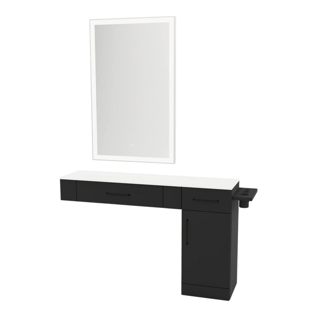 Nova Combo Wall Mount Styling Station with Side-Mount Appliance Holder, Solid Surface Countertop, and Silver Rectangle Glo Mirror - Kaemark