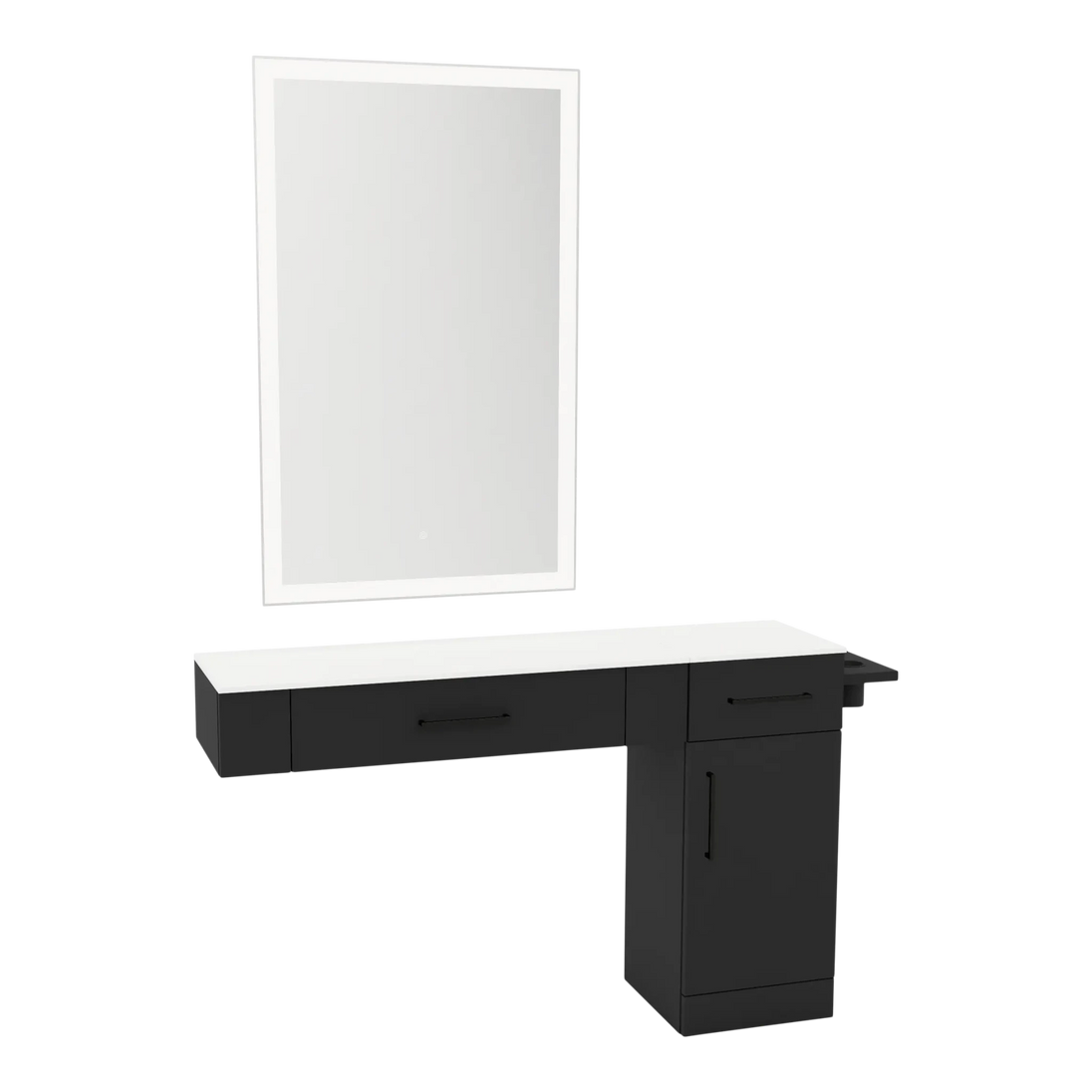 Nova Combo Wall Mount Styling Station with Side-Mount Appliance Holder, Solid Surface Countertop, and Silver Rectangle Glo Mirror - Kaemark