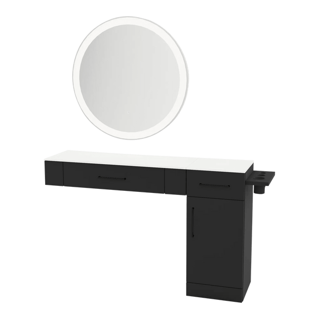 Nova Combo Wall Mount Styling Station with Side-Mount Appliance Holder, Solid Surface Countertop, and Silver Round Glo Mirror - Kaemark