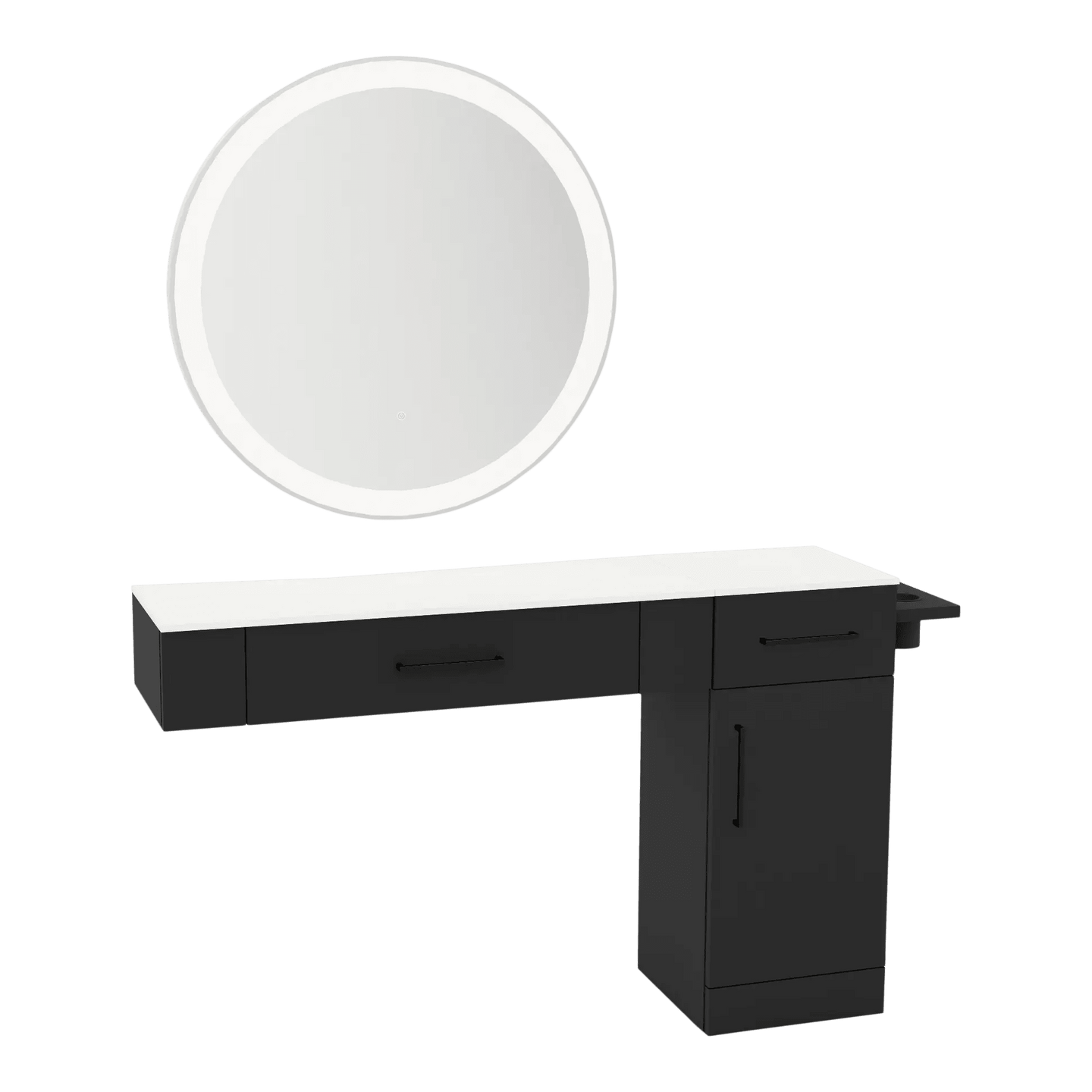 Nova Combo Wall Mount Styling Station with Side-Mount Appliance Holder, Solid Surface Countertop, and Silver Round Glo Mirror - Kaemark