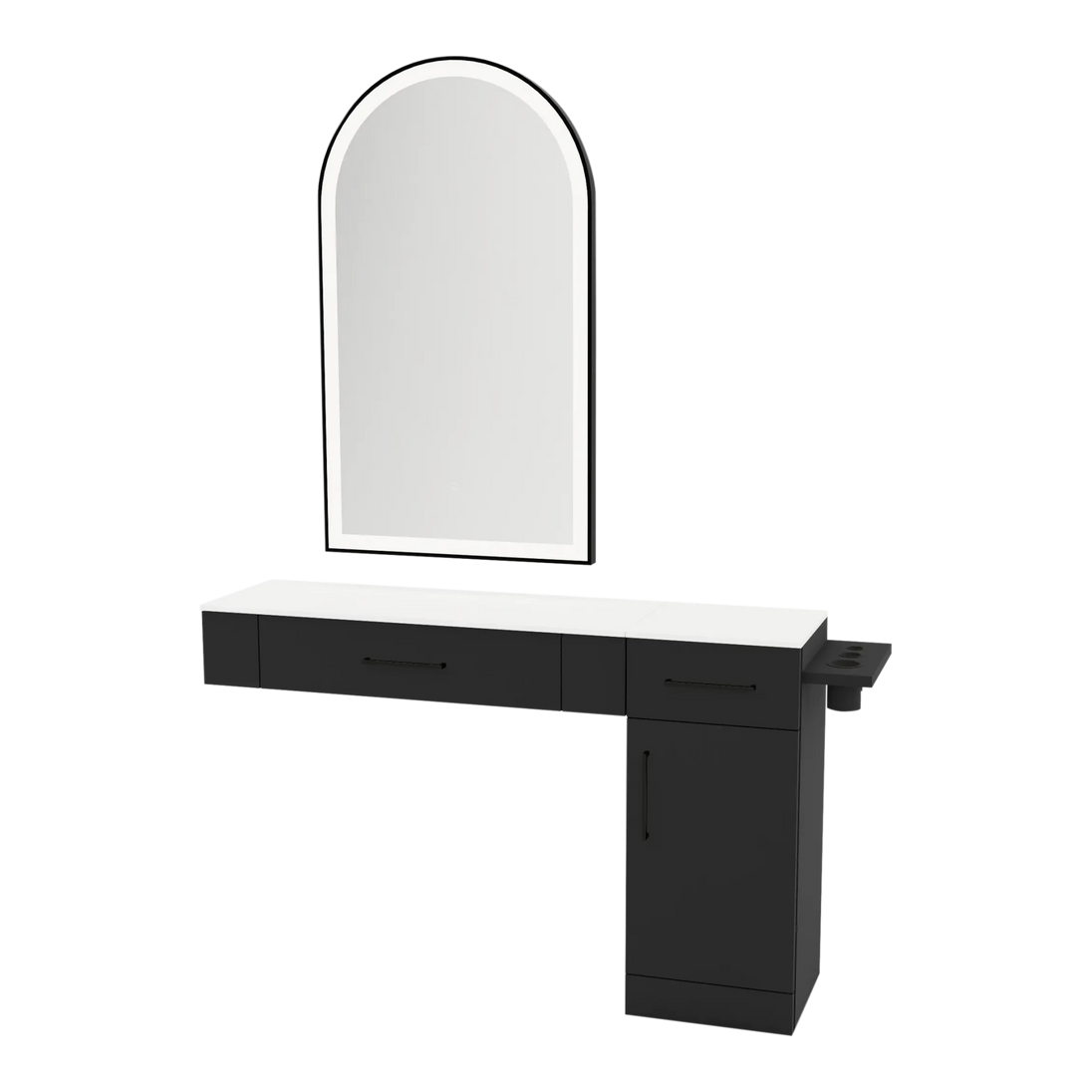 Nova Combo Wall Mount Styling Station with Side-Mount Appliance Holder, Solid Surface Countertop, and Black Arch Paloma Mirror - Kaemark