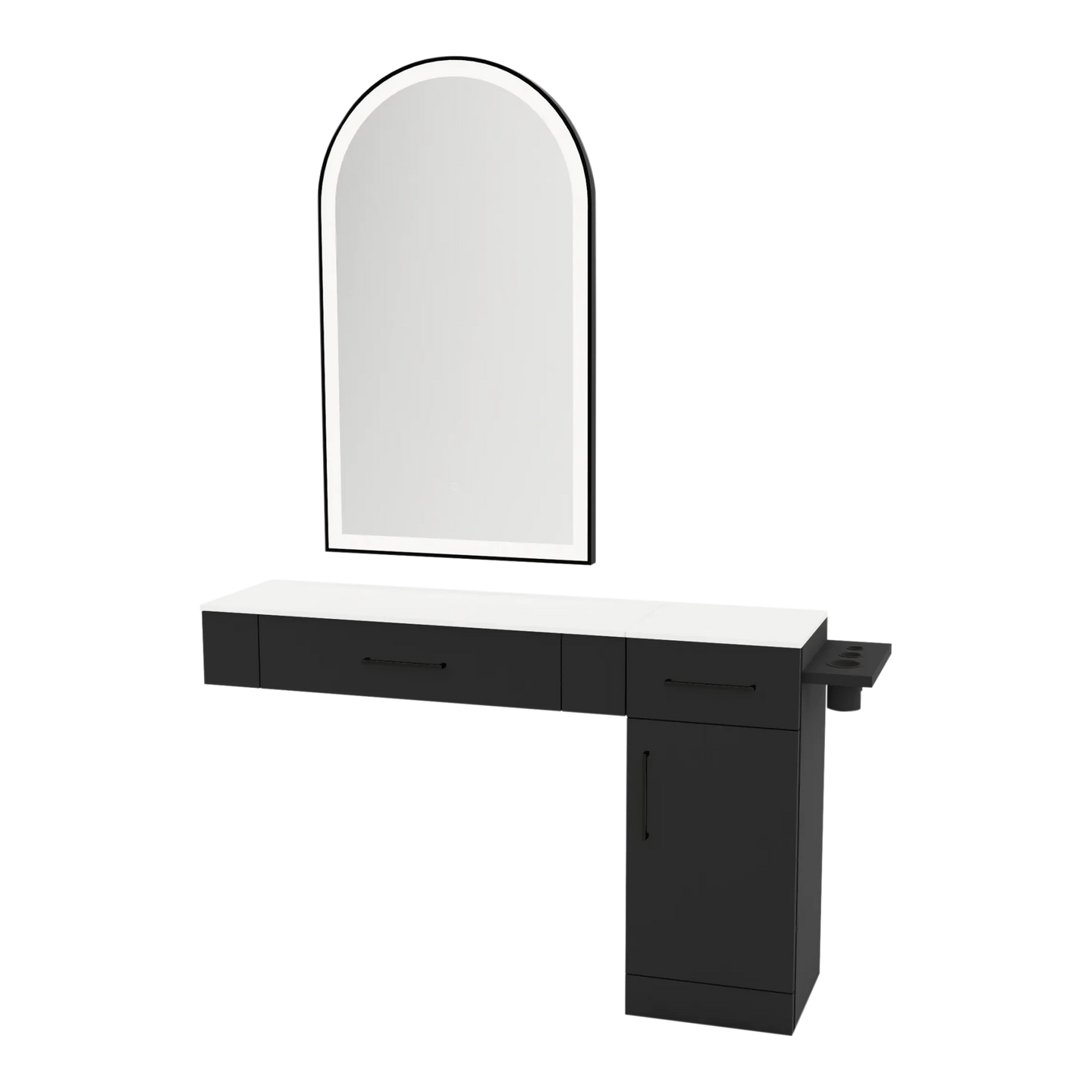 Nova Combo Wall Mount Styling Station with Side-Mount Appliance Holder, Solid Surface Countertop, and Black Arch Paloma Mirror - Kaemark