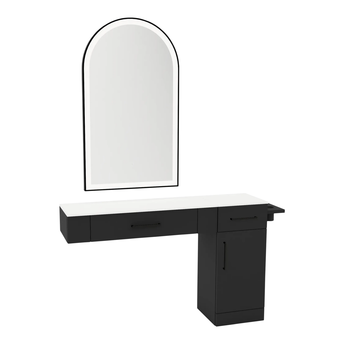 Nova Combo Wall Mount Styling Station with Side-Mount Appliance Holder, Solid Surface Countertop, and Black Arch Paloma Mirror - Kaemark