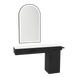 Nova Combo Wall Mount Styling Station with Side-Mount Appliance Holder, Solid Surface Countertop, and Black Arch Paloma Mirror - Kaemark
