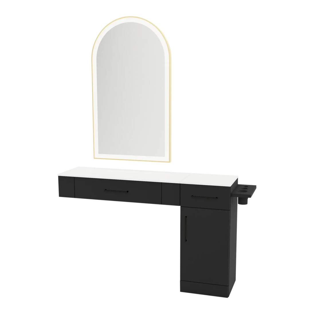 Nova Combo Wall Mount Styling Station with Side-Mount Appliance Holder, Solid Surface Countertop, and Gold Arch Paloma Mirror - Kaemark