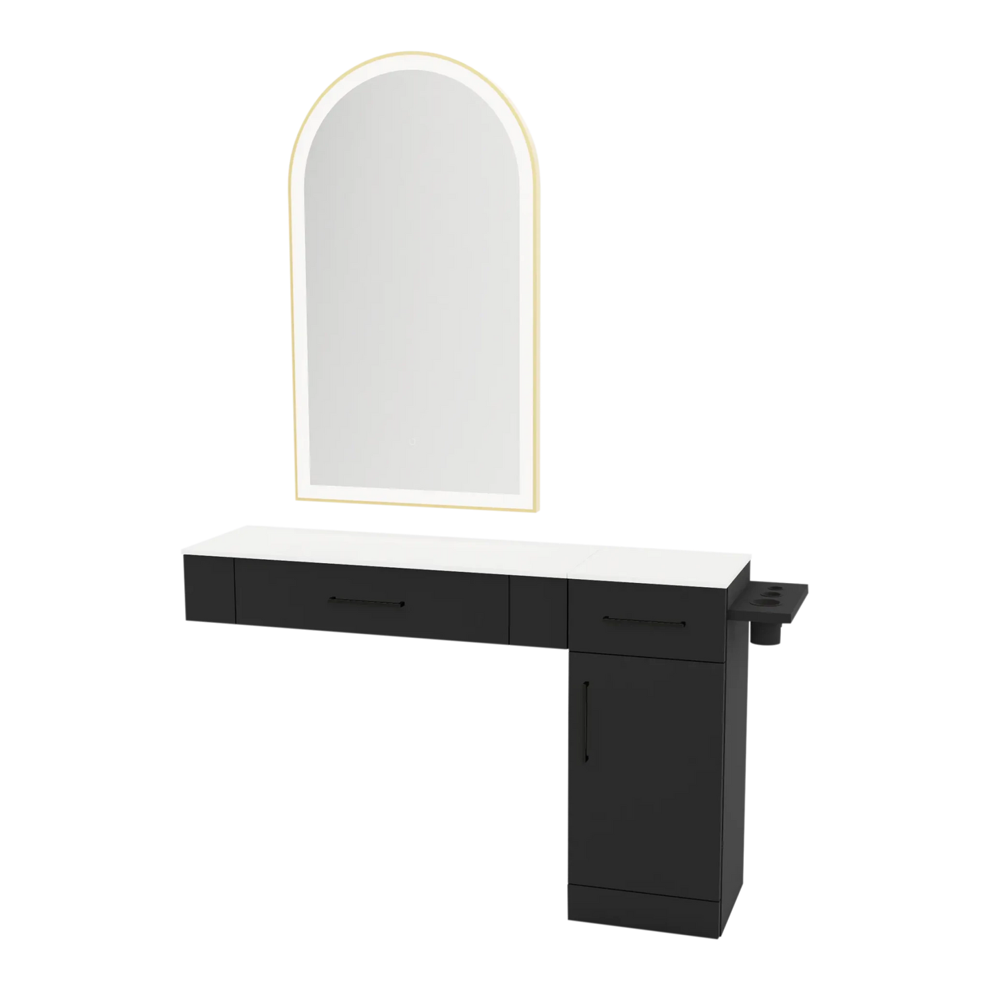 Nova Combo Wall Mount Styling Station with Side-Mount Appliance Holder, Solid Surface Countertop, and Gold Arch Paloma Mirror - Kaemark