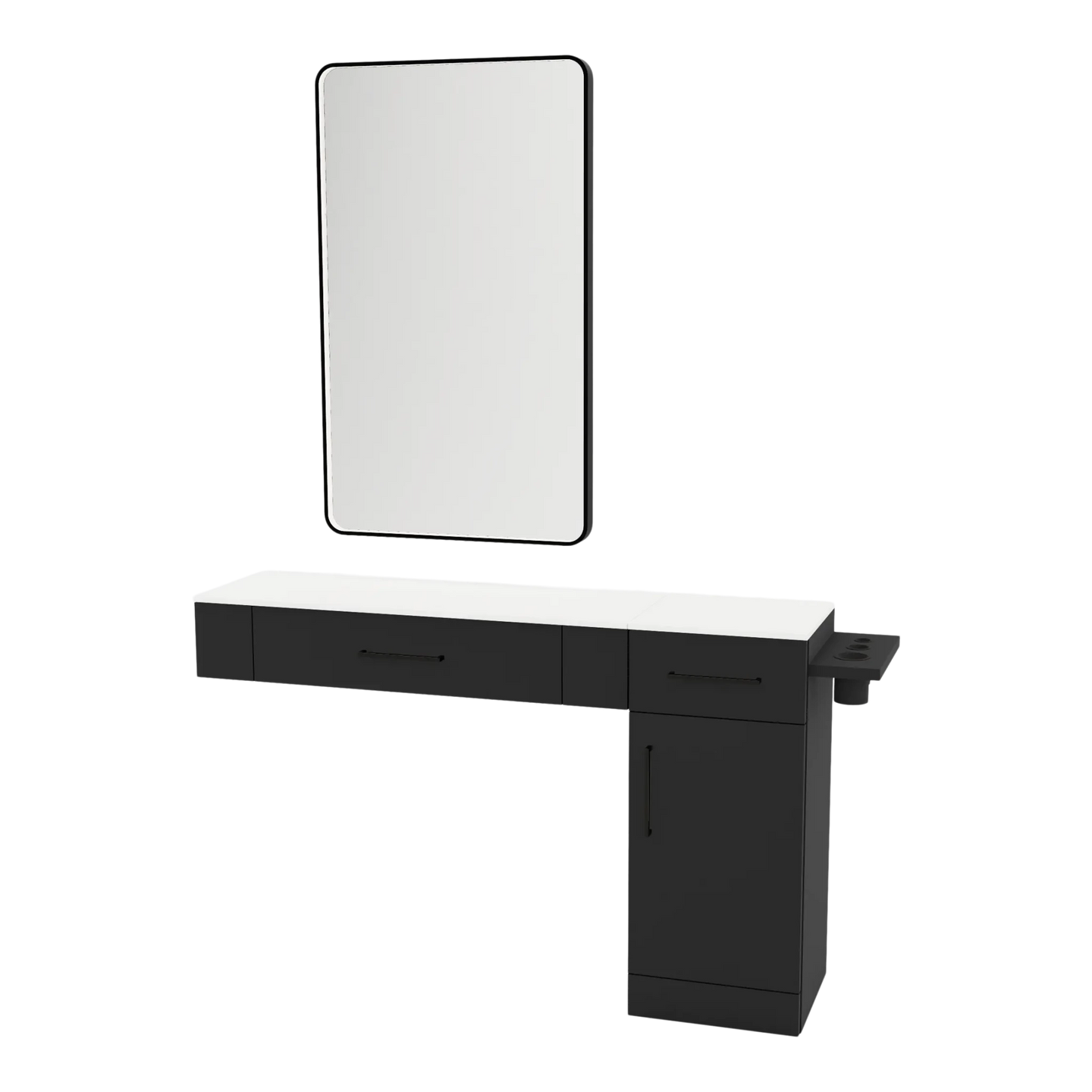 Nova Combo Wall Mount Styling Station with Side-Mount Appliance Holder, Solid Surface Countertop, and Black Rectangle Westin Mirror - Kaemark