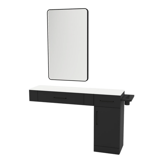 Nova Combo Wall Mount Styling Station with Side-Mount Appliance Holder, Solid Surface Countertop, and Black Rectangle Westin Mirror - Kaemark