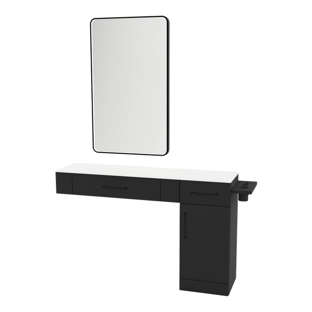 Nova Combo Wall Mount Styling Station with Side-Mount Appliance Holder, Solid Surface Countertop, and Black Rectangle Westin Mirror - Kaemark