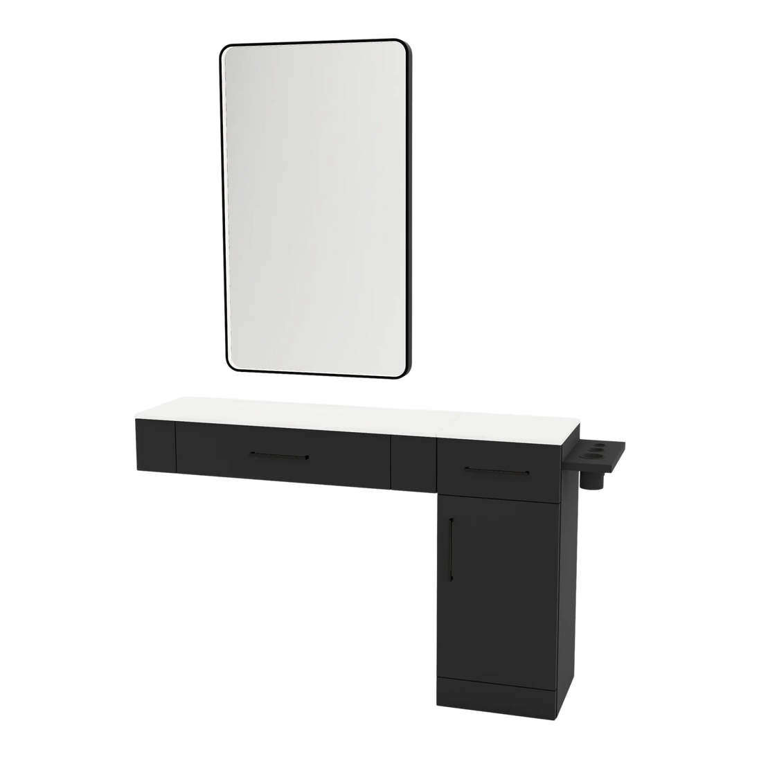 Nova Combo Wall Mount Styling Station with Side-Mount Appliance Holder, Solid Surface Countertop, and Black Rectangle Westin Mirror - Kaemark
