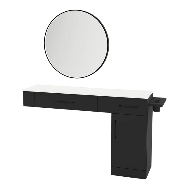 Nova Combo Wall Mount Styling Station with Side-Mount Appliance Holder, Solid Surface Countertop, and Black Round Westin Mirror - Kaemark