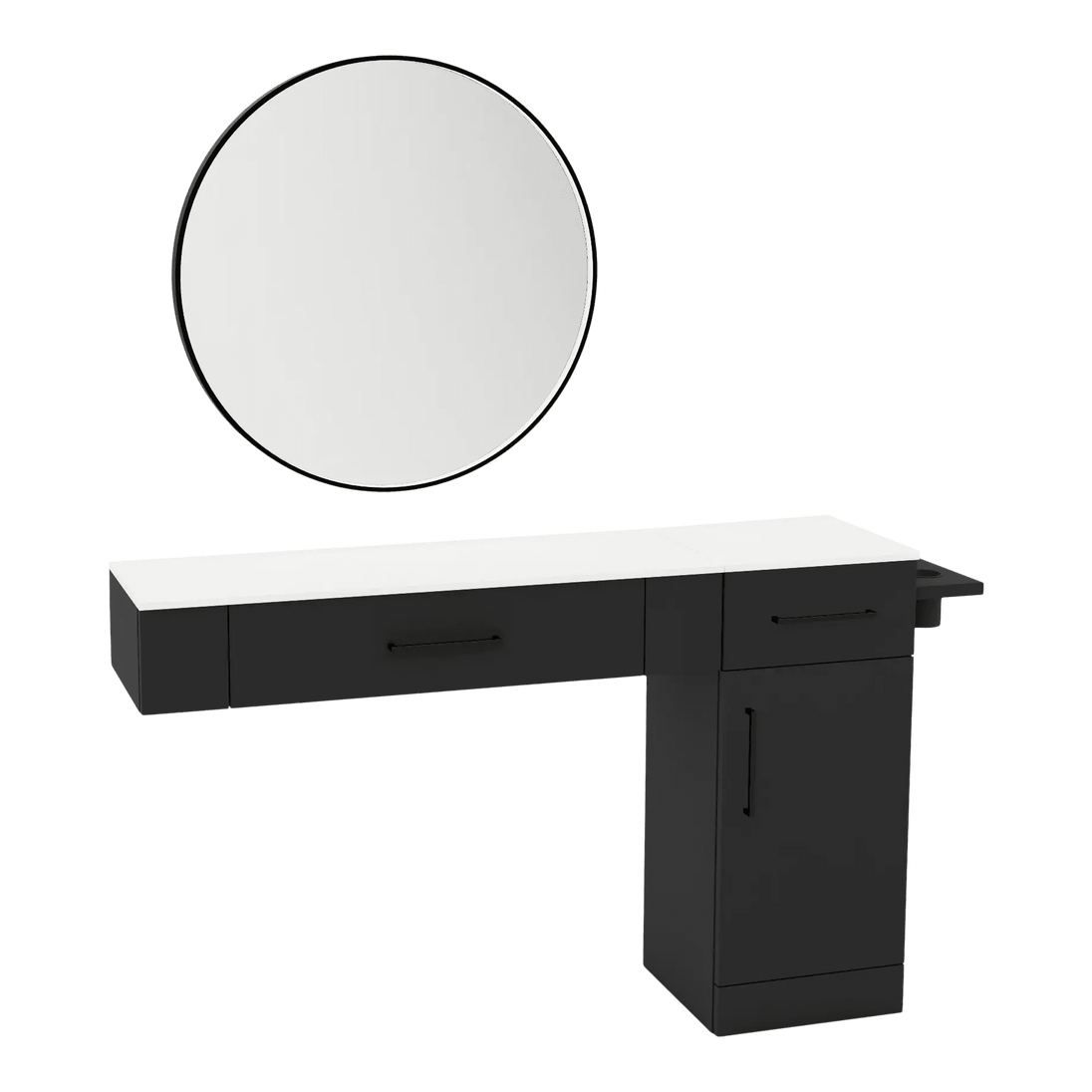Nova Combo Wall Mount Styling Station with Side-Mount Appliance Holder, Solid Surface Countertop, and Black Round Westin Mirror - Kaemark