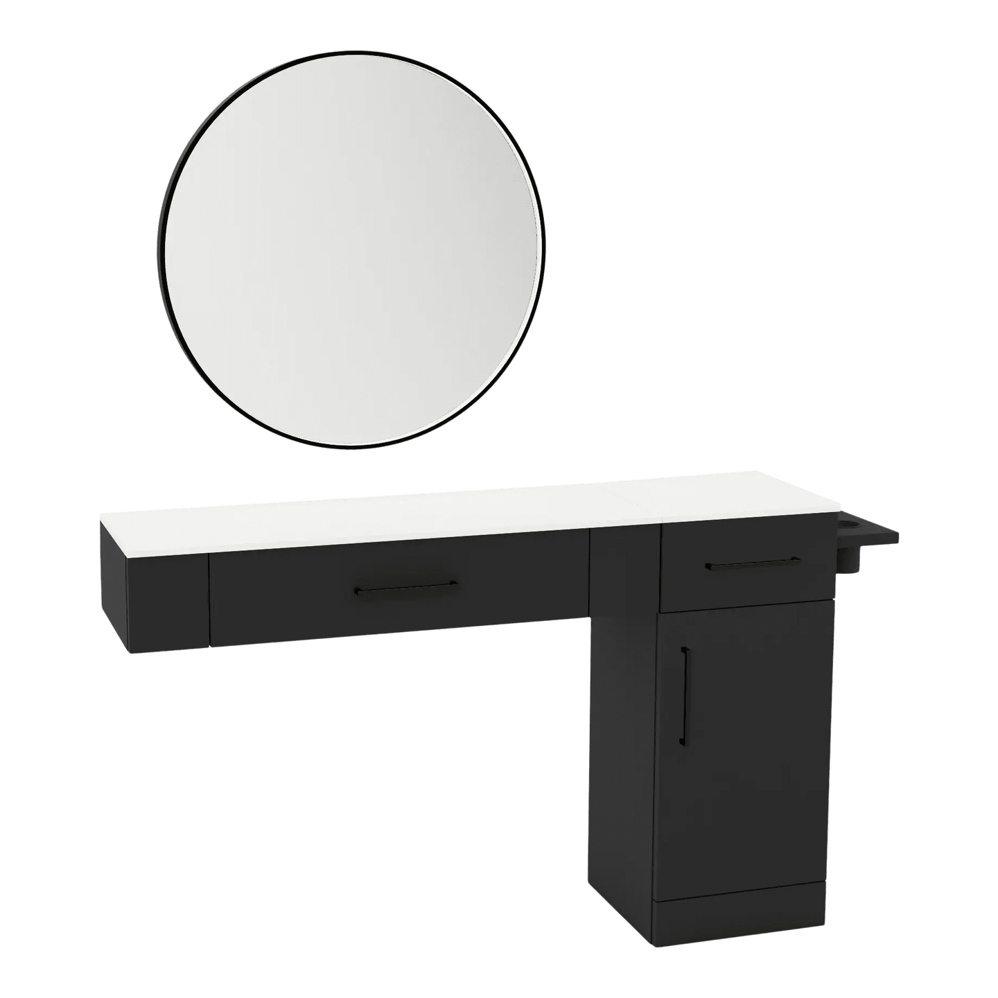 Nova Combo Wall Mount Styling Station with Side-Mount Appliance Holder, Solid Surface Countertop, and Black Round Westin Mirror - Kaemark