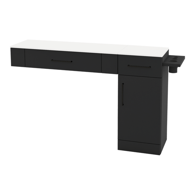 Nova Combo Wall Mount Styling Station with Side-Mount Appliance Holder and Solid Surface Countertop (Cabinet Only) - Kaemark