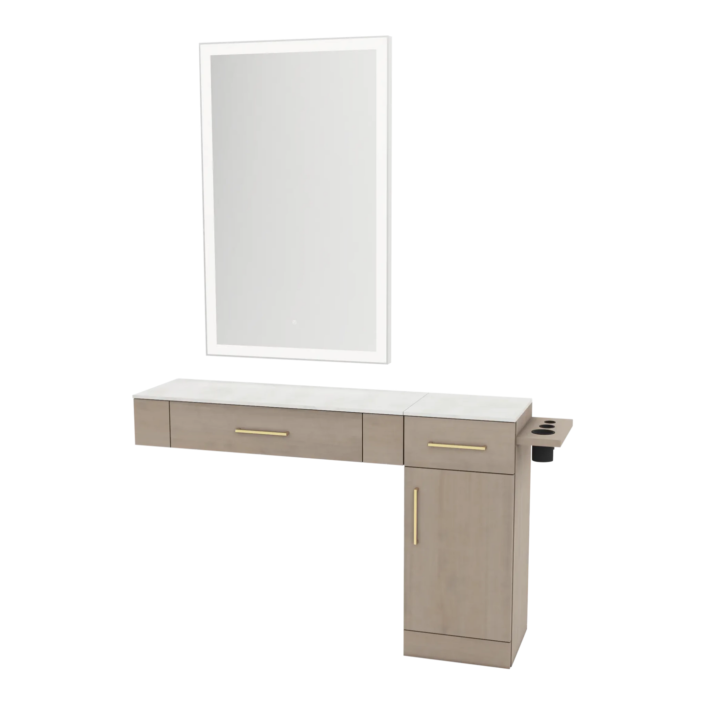 Nova Combo Wall Mount Styling Station with Side-Mount Appliance Holder, Solid Surface Countertop, and Silver Rectangle Glo Mirror - Kaemark