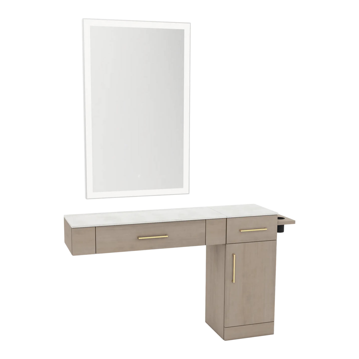 Nova Combo Wall Mount Styling Station with Side-Mount Appliance Holder, Solid Surface Countertop, and Silver Rectangle Glo Mirror - Kaemark