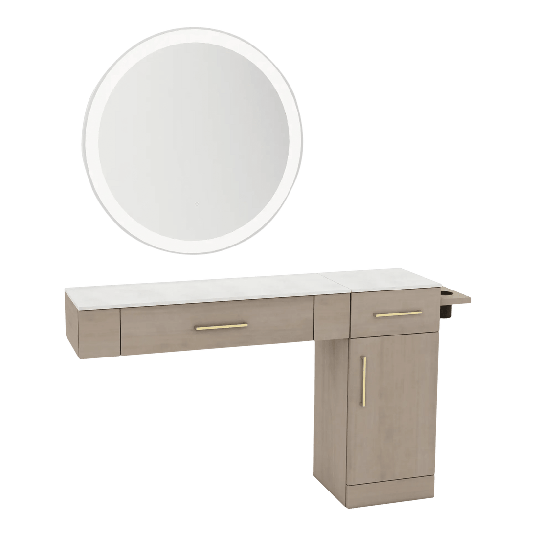 Nova Combo Wall Mount Styling Station with Side-Mount Appliance Holder, Solid Surface Countertop, and Silver Round Glo Mirror - Kaemark