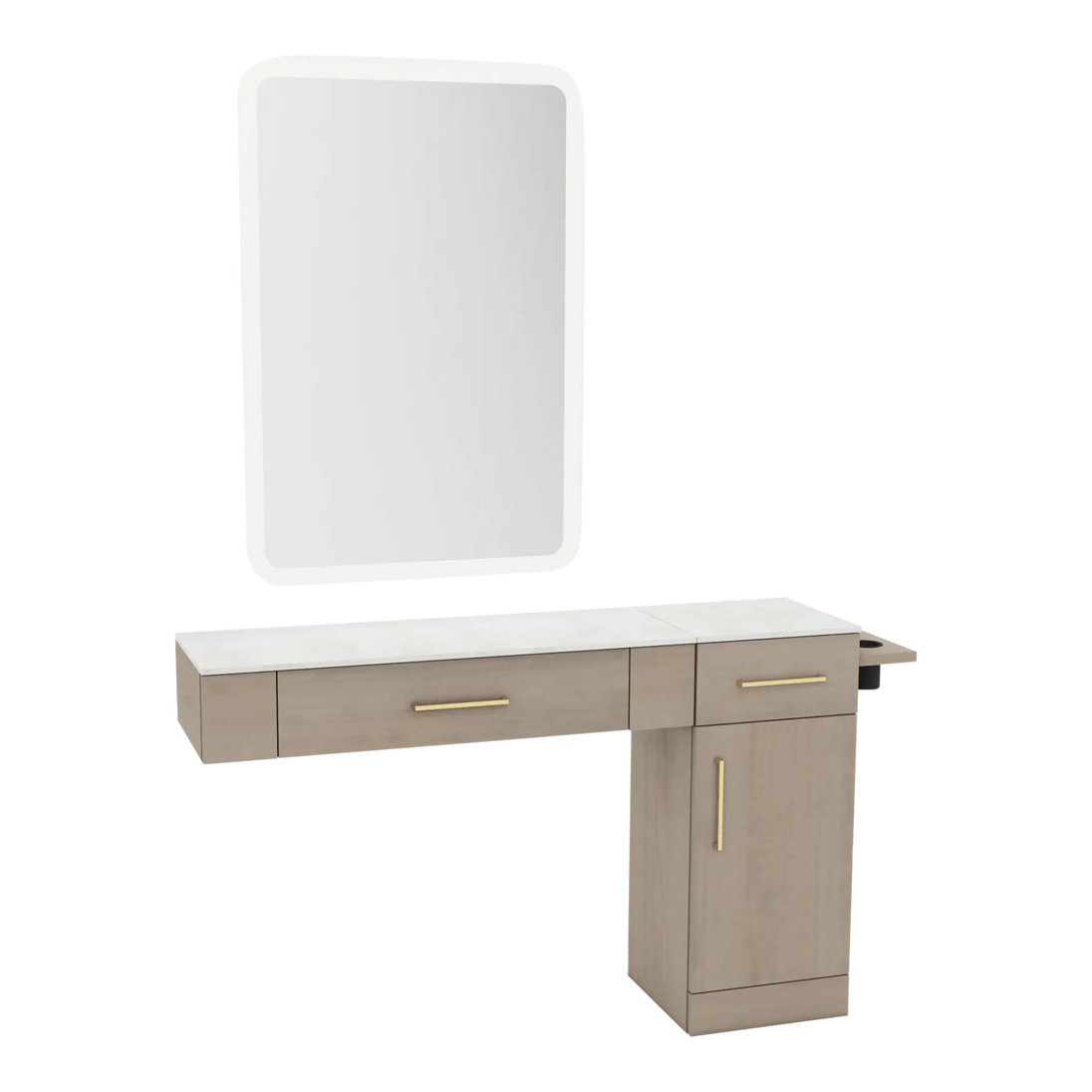 Nova Combo Wall Mount Styling Station with Side-Mount Appliance Holder, Solid Surface Countertop, and White Rectangle Illuminate Back Lit Mirror - Kaemark