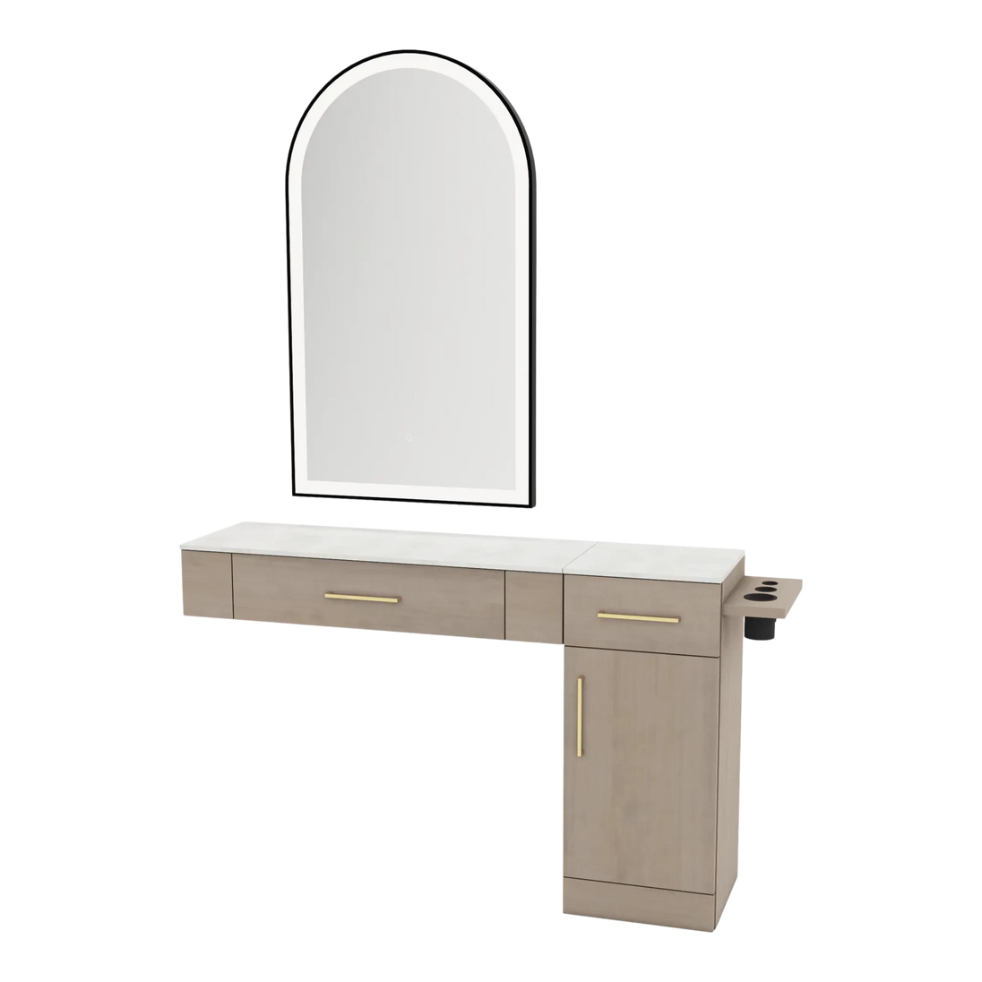 Nova Combo Wall Mount Styling Station with Side-Mount Appliance Holder, Solid Surface Countertop, and Black Arch Paloma Mirror - Kaemark