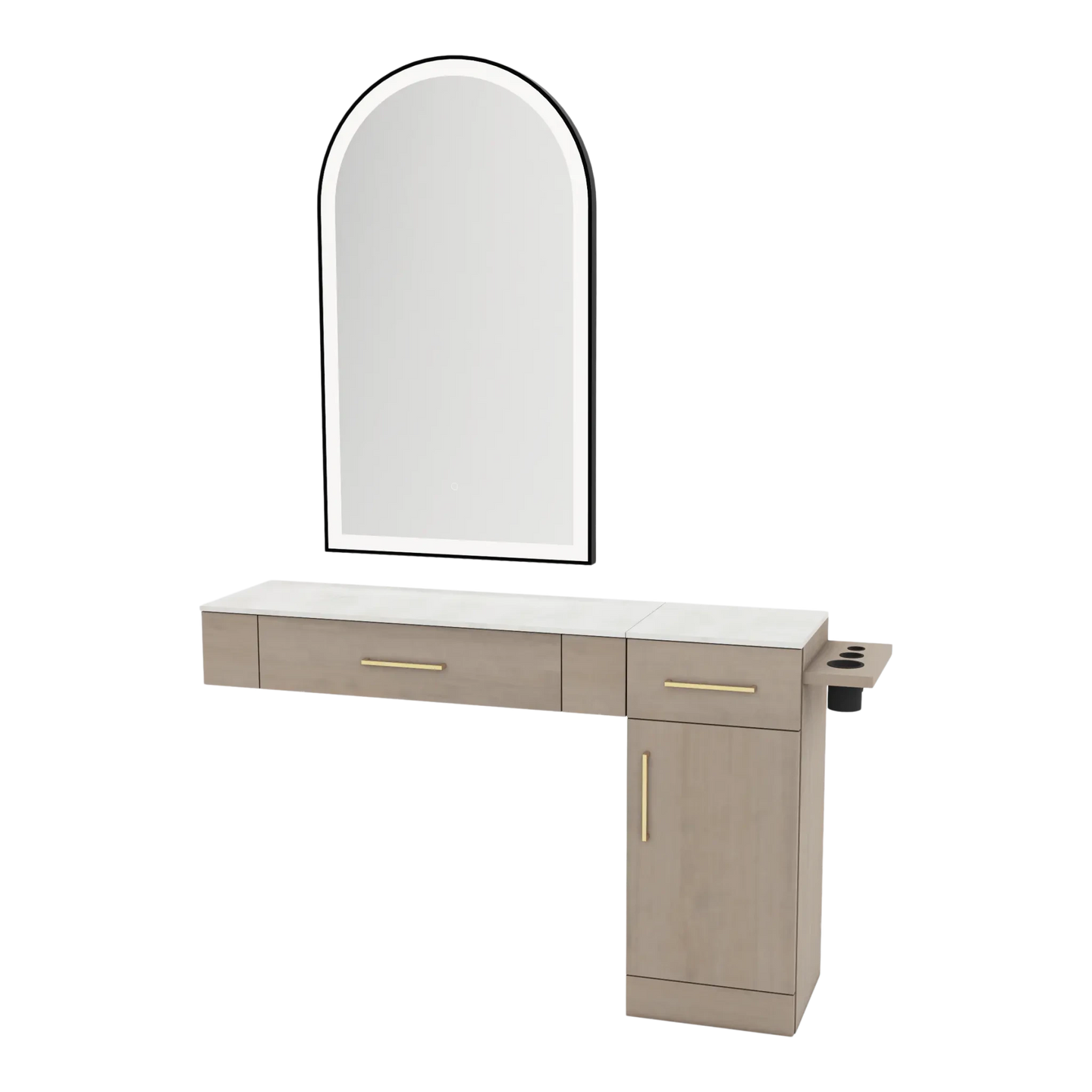 Nova Combo Wall Mount Styling Station with Side-Mount Appliance Holder, Solid Surface Countertop, and Black Arch Paloma Mirror - Kaemark
