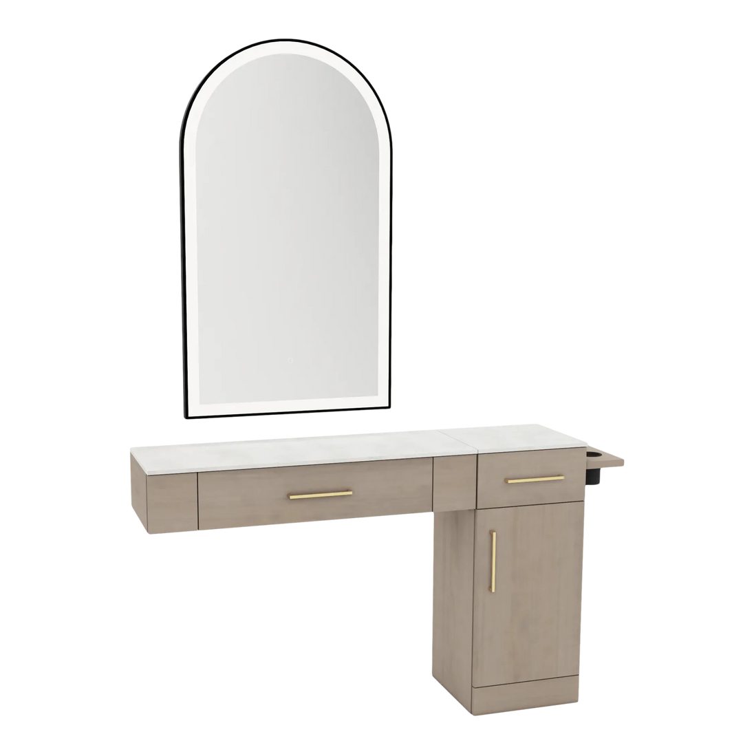 Nova Combo Wall Mount Styling Station with Side-Mount Appliance Holder, Solid Surface Countertop, and Black Arch Paloma Mirror - Kaemark