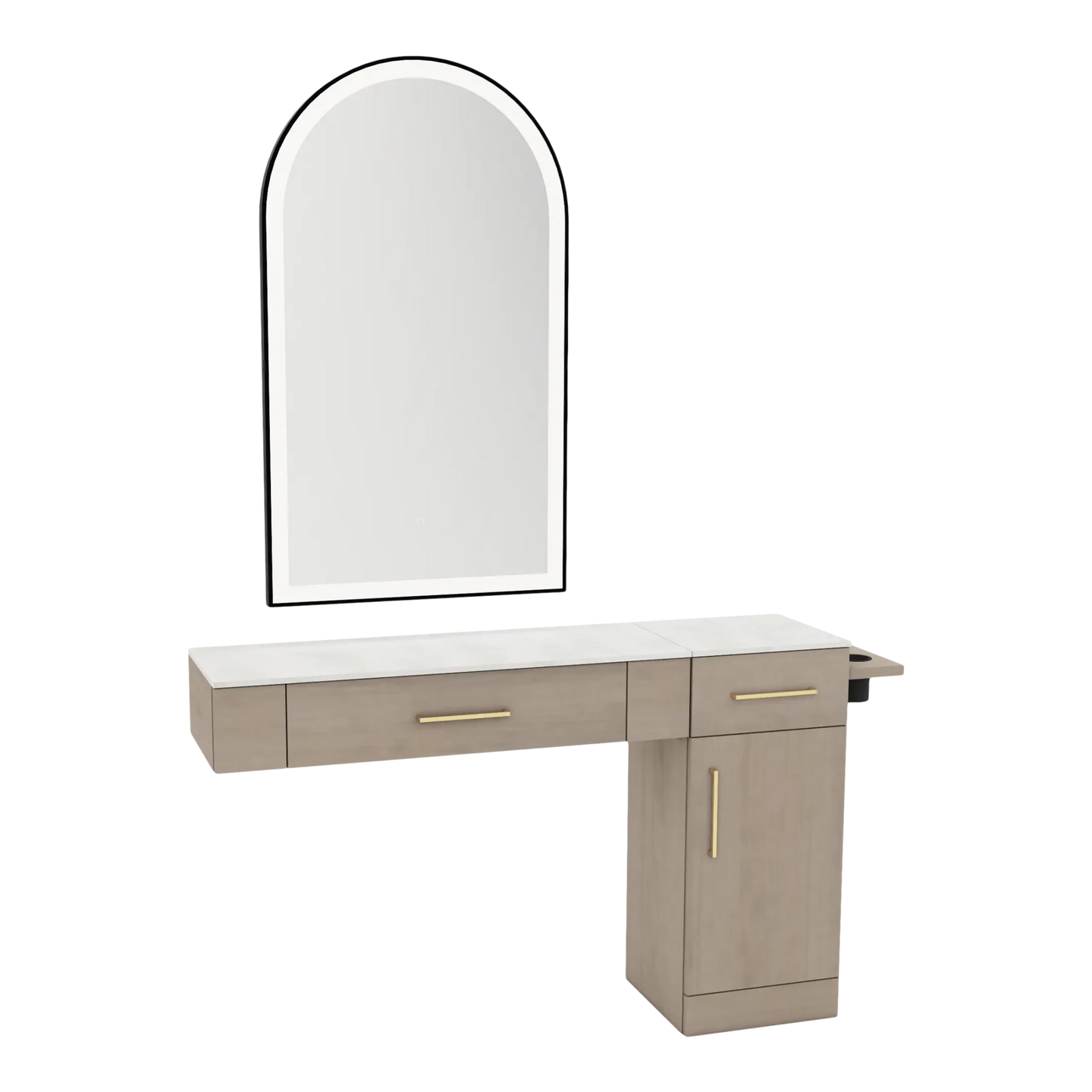 Nova Combo Wall Mount Styling Station with Side-Mount Appliance Holder, Solid Surface Countertop, and Black Arch Paloma Mirror - Kaemark