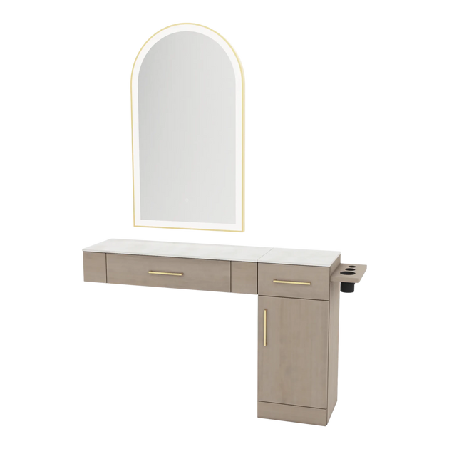 Nova Combo Wall Mount Styling Station with Side-Mount Appliance Holder, Solid Surface Countertop, and Gold Arch Paloma Mirror - Kaemark