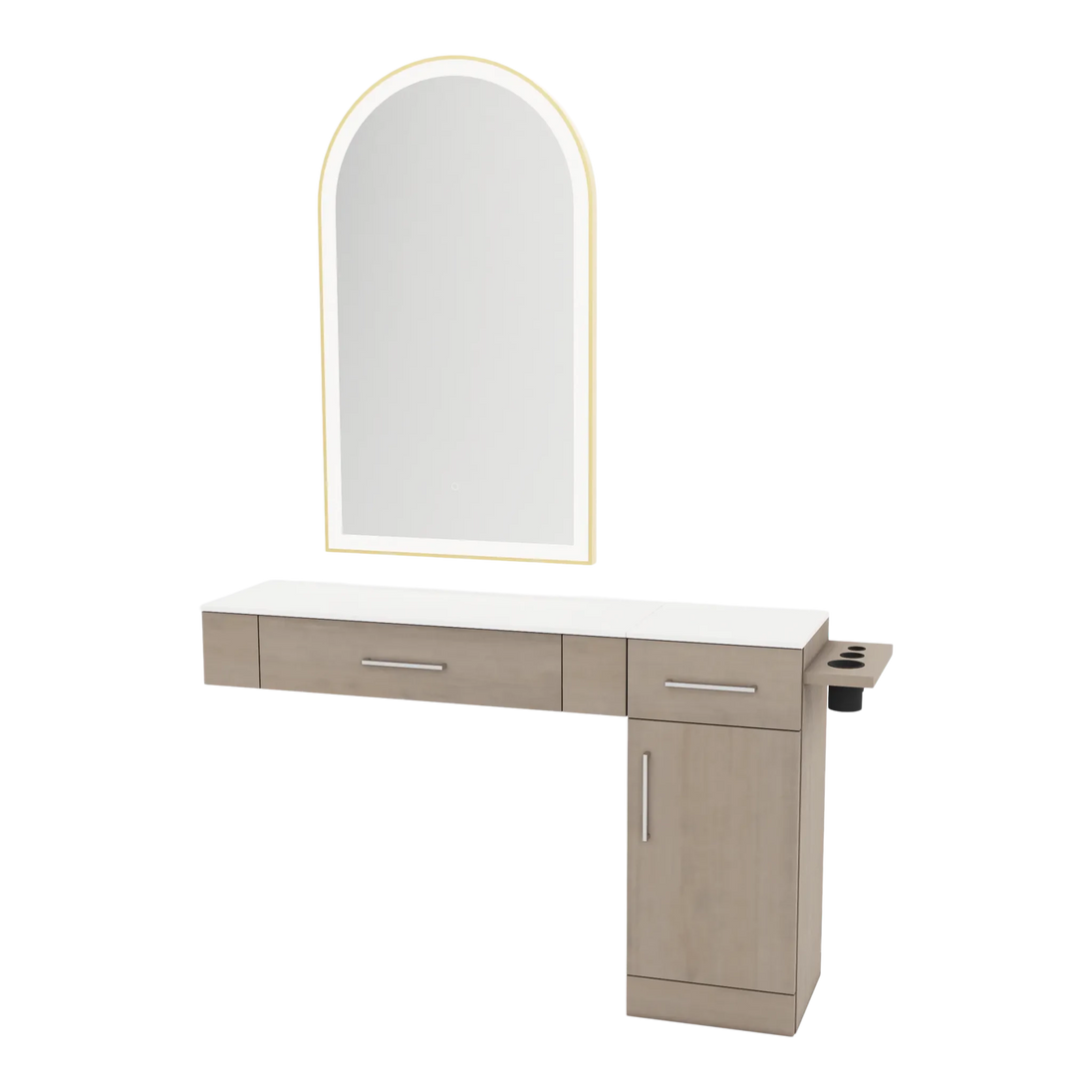 Nova Combo Wall Mount Styling Station with Side-Mount Appliance Holder, Solid Surface Countertop, and Gold Arch Paloma Mirror - Kaemark