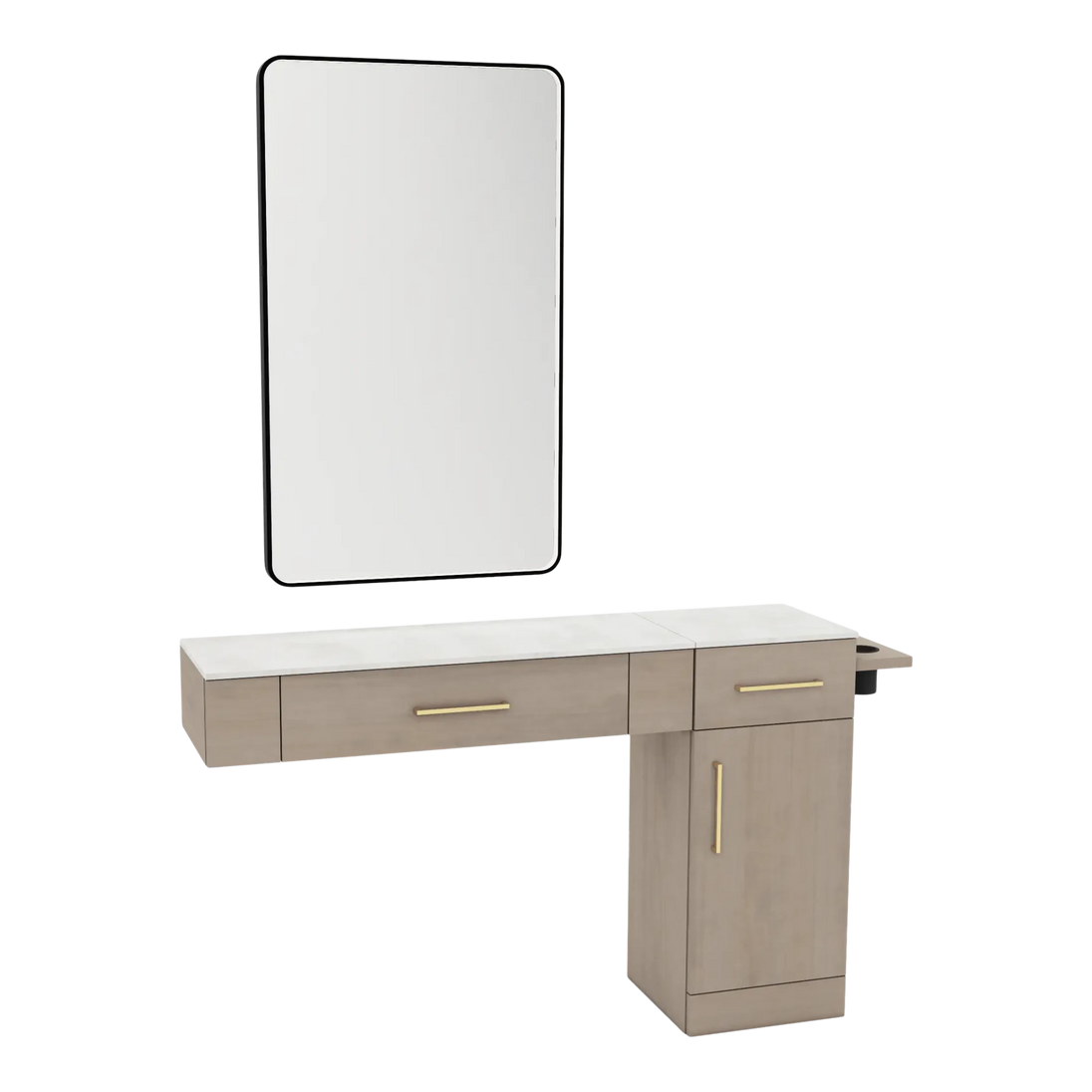 Nova Combo Wall Mount Styling Station with Side-Mount Appliance Holder, Solid Surface Countertop, and Black Rectangle Westin Mirror - Kaemark