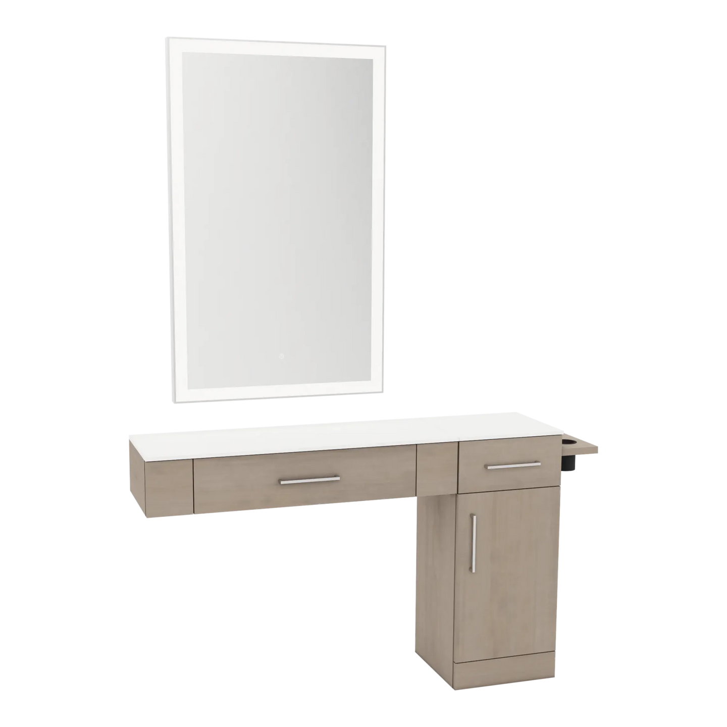 Nova Combo Wall Mount Styling Station with Side-Mount Appliance Holder, Solid Surface Countertop, and Silver Rectangle Glo Mirror - Kaemark